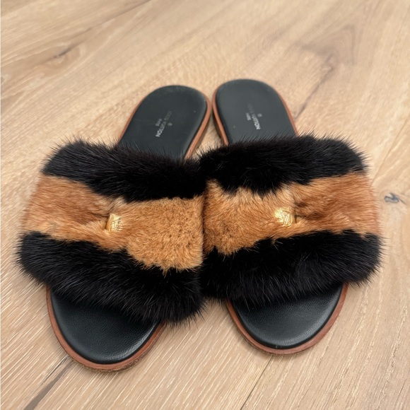 Louis Vuitton Brown/Black mink fur lock it flat sandal - Picture 1 of 4